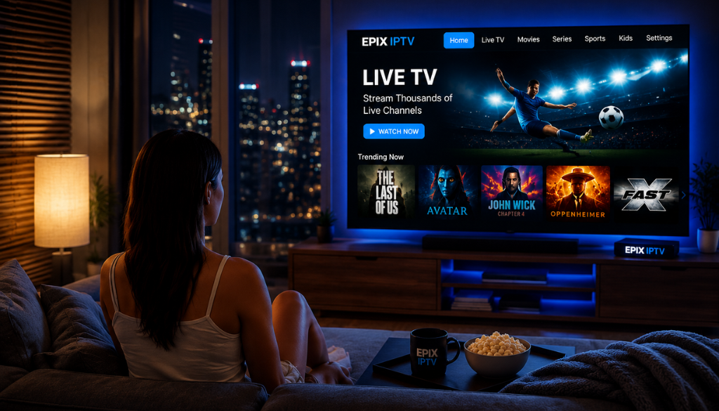 Epix IPTV premium streaming setup showing live TV channels, movies, series, sports, and entertainment on a modern smart TV in a cozy living room.