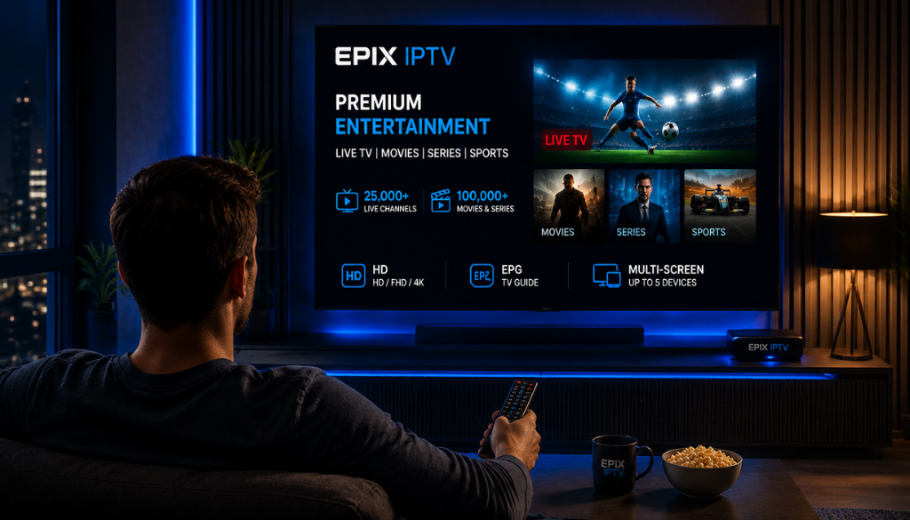 Epix IPTV premium entertainment setup showing live TV, movies, series, sports, HD and 4K streaming features on a modern smart TV.