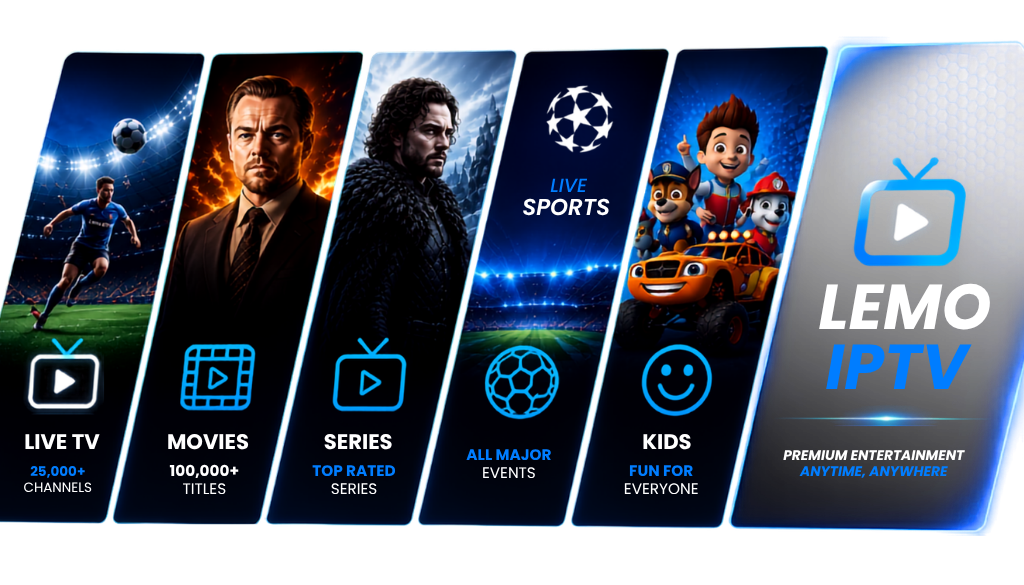 Lemo IPTV entertainment hub featuring live TV, movies, series, live sports, and kids content with 25,000+ channels, 100,000+ movies & series, and HD, Full HD, and 4K streaming.