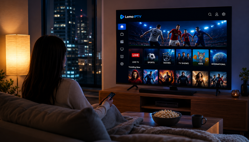 Lemo IPTV premium streaming on a Smart TV with live TV, sports, movies, and series in HD, Full HD, and 4K quality in a modern living room.