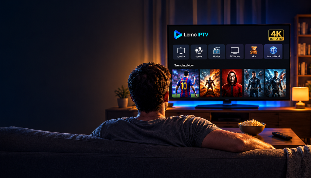 Lemo IPTV premium streaming service on Smart TV with 25,000+ live channels, movies, sports, and TV series in HD, Full HD, and 4K quality.