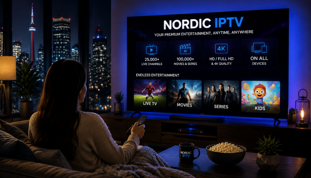 Nordic IPTV premium streaming setup with a modern living room, showing live TV, movies, series, and 4K entertainment on a smart TV screen.