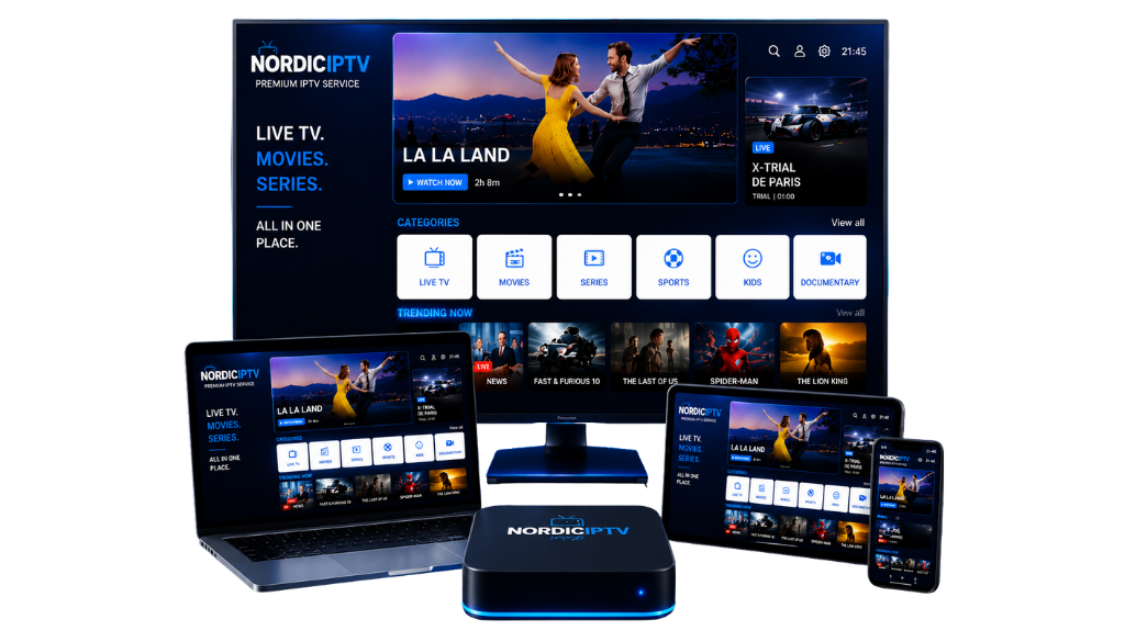 Nordic IPTV premium streaming service displayed on multiple devices including TV, laptop, tablet, and smartphone with live TV, movies, series, and 4K entertainment.