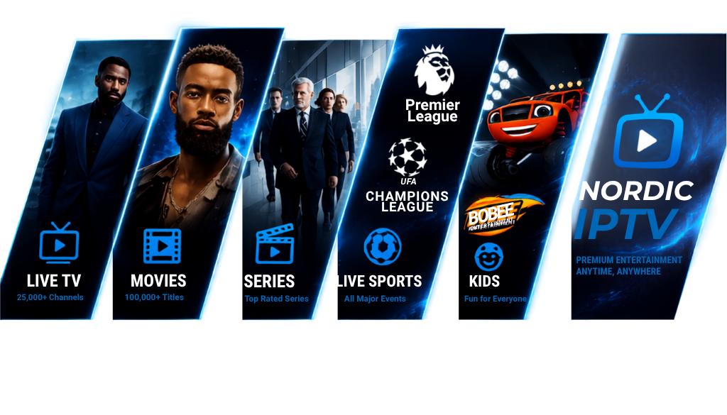Nordic IPTV premium streaming service design featuring live TV, movies, series, sports, kids content, 4K quality, and multi-device entertainment.