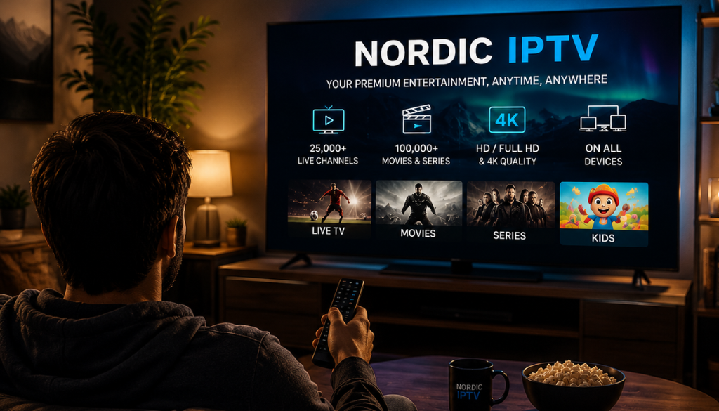 Nordic IPTV premium streaming setup showing live TV, movies, series, and 4K entertainment on a modern TV screen in a cozy living room.