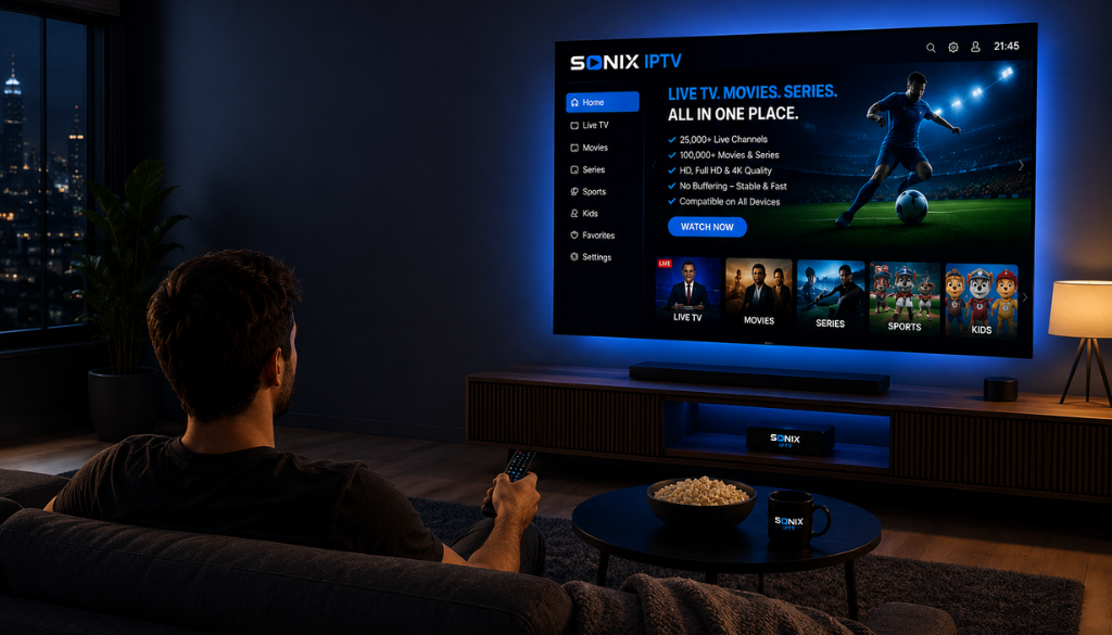 Sonix IPTV streaming live TV, movies, sports, and series on a Smart TV with HD, Full HD, and 4K quality in a modern living room.