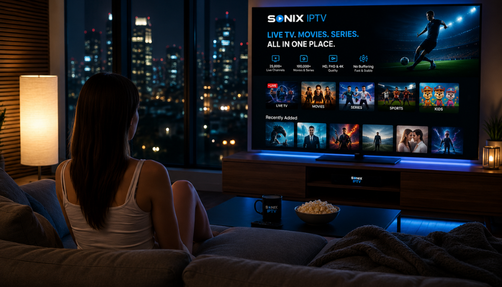 Sonix IPTV streaming live TV, movies, sports, and series on a Smart TV with HD, Full HD, and 4K quality in a modern living room.