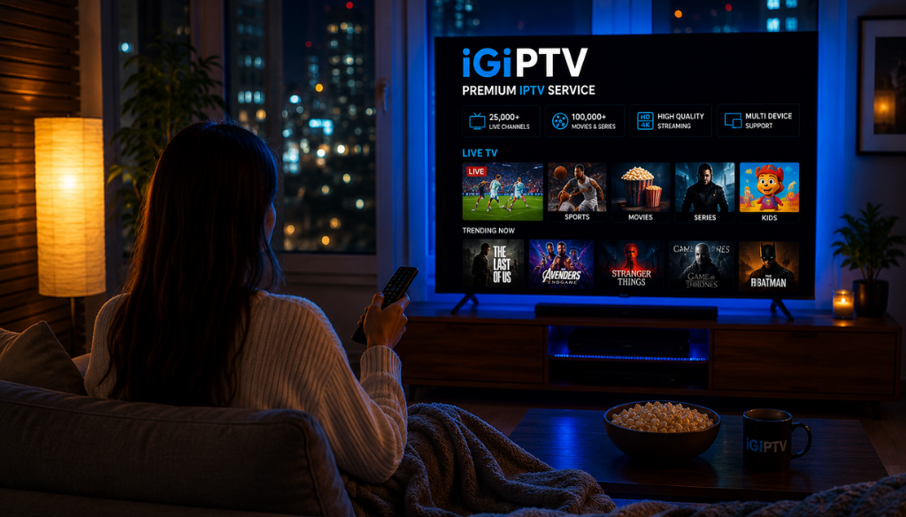 Person enjoying iGIPTV premium IPTV UK streaming on a Smart TV with live channels, movies, and TV series in HD, Full HD, and 4K.