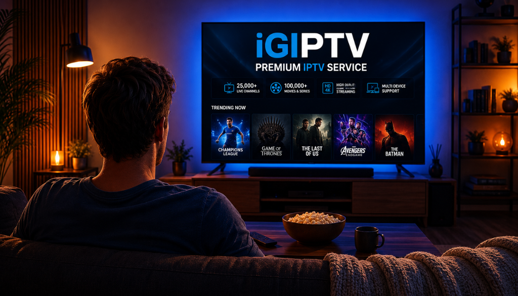 Person enjoying iGIPTV premium IPTV UK streaming with live TV, movies, and TV series in HD, Full HD, and 4K on a modern Smart TV.